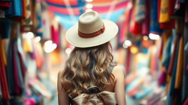 Woman in Straw Hat Exploring Colorful Textile Market from Behind