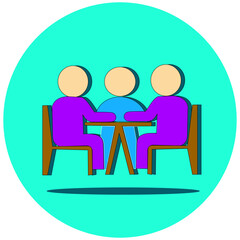 A vibrant icon showing a group of people at a table with a chart, signifying a productive meeting, collaborative work, data analysis, and strategic planning. Ideal for business intelligence and team 