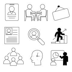 Diverse business icon set: people for teamwork, lightbulb for ideas, abstract for strategy. Perfect for corporate, HR, innovation, and communication designs. Modern, professional vector collection.