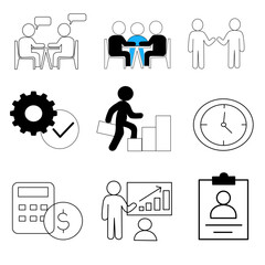 Versatile business icon set: gears for process, clocks for time, documents for admin, people for teamwork. Essential for corporate reports, websites, infographics. Professional vector collection.