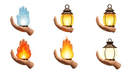 Four elements lamps in hands educational graphic illustration
