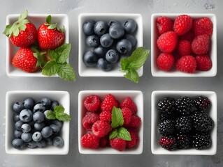 Fresh assorted berries in square white bowls with mint leaves