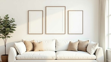 Modern living room with white sofa, beige pillows, and three empty vertical frames on a white wall. Stylish, minimalist, perfect for wall art mockup and home decor design.