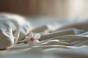 beautiful bed after sleep with crumpled sheets and soft light