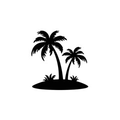 Minimalist black and white vector logo of two palm trees on an island, simple flat design with clean lines and no shading, high resolution.
