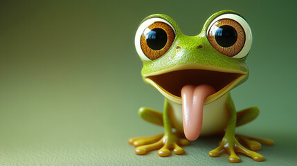 A cartoon frog with a tongue sticking out is sitting on a green background. The frog's tongue is long and pink, and it is sticking out of its mouth. The image has a playful and lighthearted mood