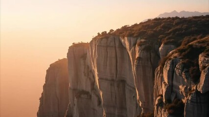 Close up of rugged cliffside at sunset with vertical rock formations and distant mountains - Powered by Adobe
