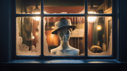 Bust mannequin wearing a vintage hat behind a frosty window