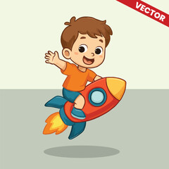Naklejka premium Smiling Cartoon Boy Riding Rocket Ship in Space Adventure Vector Illustratio