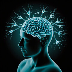 Obraz premium 3D rendering of neurons firing inside transparent head silhouette, dark background, left space