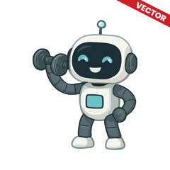 Happy Cartoon Robot Lifting Dumbbell – Strong Fitness Robot Character Vector