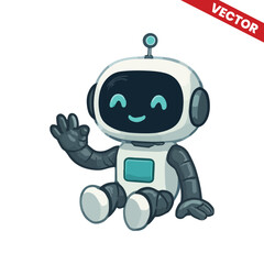 Friendly Robot Waving Hand While Sitting – Cute and Cheerful Bot Character Vector