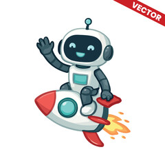 Smiling Robot Riding Rocketship – Cute Space Launch Vector Illustration
