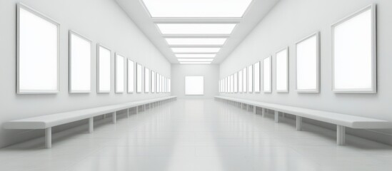 Fototapeta premium Serene all white gallery interior with blank frames and minimalist benches