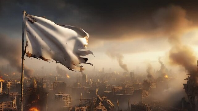 Tattered white flag in apocalyptic war torn city with smoke fire and ruined buildings