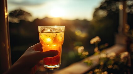 Refreshing Drink in Hand at Sunset
