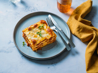 A professional food photography shot of a slice of lasagna on a matte gray ceramic plate against a light blue-gray marble countertop background. 