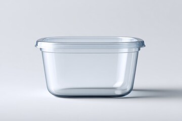 A clear plastic food container with its lid sits on a bright white surface, ready for meal prep.