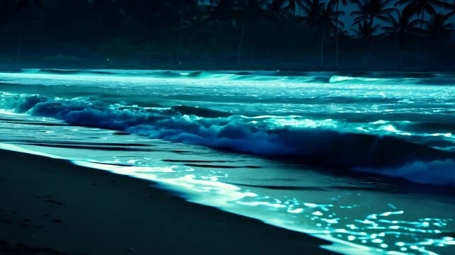 Moody Night Ocean Waves Crashing on Dark Beach Shore with Glowing Blue Reflections and Palm Silhouettes