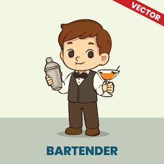Cute Cartoon of a Kid Bartender Holding Cocktail Glass and Shaker - Vector Illustration for Hospitality Career Theme