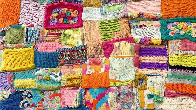 Vibrant textile collage featuring colorful textures and handcrafted patterns, creative backdrop