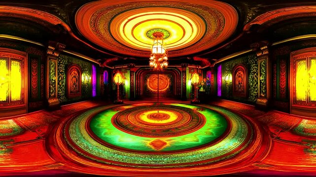 Ornate interior space with complex design and vibrant colors creating an immersive atmosphere
