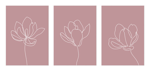 Flower wall art set, minimalist single white line drawing of magnolia flowers on a soft dusty rose background