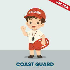 Vector Illustration of a Kid Dressed as a Coast Guard with Whistle and Float - Lifesaving Career Role for Children’s Education