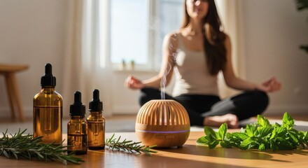Calm morning light fills a room where a woman meditates, surrounded by amber dropper bottles, a wood grain diffuser, and sprigs of rosemary and mint aromatherapy