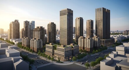 Fototapeta premium Cityscape View with Skyscrapers and Sunlight, Urban Development