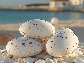Dreamy egg-shaped decorative rocks on a serene beach landscape at sunset