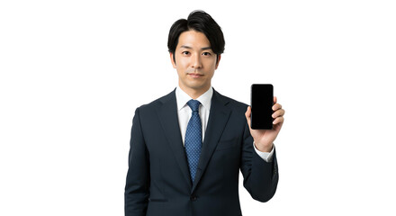 スーツ姿の若いシステムエンジニアがスマートフォンを正面に提示する白背景のビジネスポートレート、アプリ開発やITサービスの提案イメージ - 生成AI