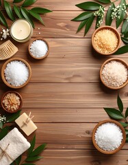 Inviting flat lay of spa products on wooden table with warm hues and subtle softness