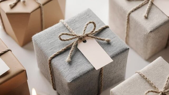 Wrapped presents with tags and twine bows arranged on a surface