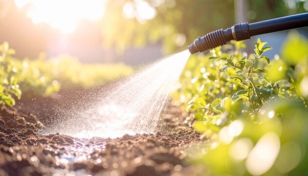 朝日に輝く水と植物/水やり/散水1