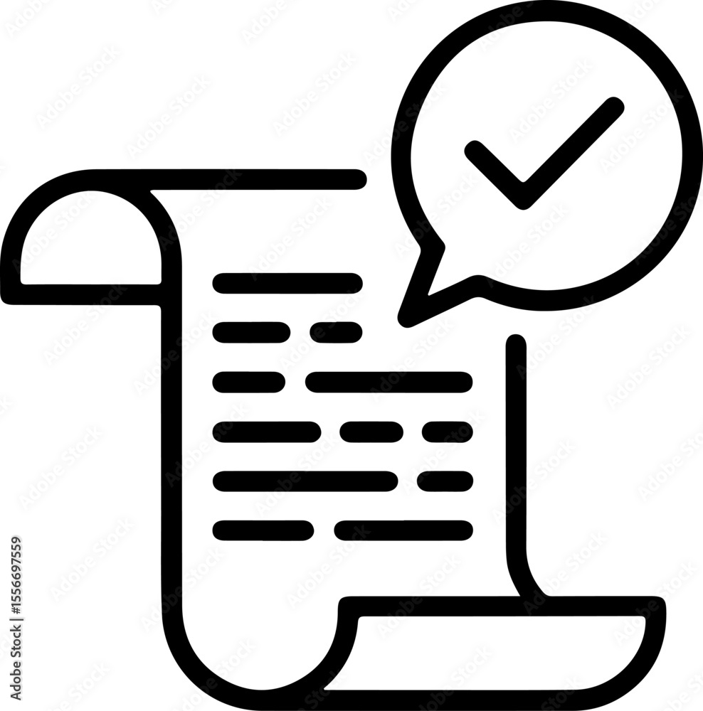 Poster document with a checkmark in a speech bubble icon representing approval or completion