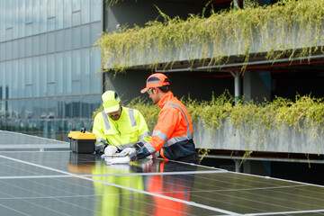 Electrical engineers are inspecting and installing a solar panels on the building rooftop.