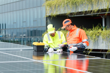 Electrical engineers are inspecting and installing a solar panels on the building rooftop.