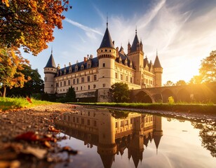 Obraz premium Captivating castle in autumn colors surrounded by vibrant foliage in urban setting