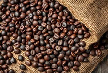 Fototapeta premium Dark roasted coffee beans scattered on rough burlap sack, close-up, pattern