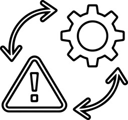 Warning sign and gear icon with circular arrows indicating process flow