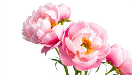 Fototapeta premium Delicate pink peony blossoms isolated on pure white background, ample copy space, petals, bloom