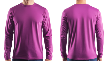 A front and back view of a magenta long sleeve shirt, perfect for apparel design mockups and fashion retail advertising, transparent background