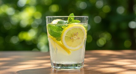 Close-up of a glass of lemonade with slices of lemon and fresh mint leaves, beads of condensation on the glass, placed on a sunlit wooden tablet