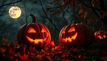 Fototapeta premium Glowing jack-o'-lanterns bathed in ethereal moonlight, autumn leaves scattered nearby, nature, outdoor