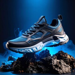 Fashionable sneakers positioned on a rugged rock surface offering a nature-inspired look