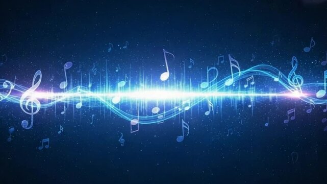 Animated digital display of musical notes and sound waves on a dark blue glowing background perfect for audio visuals 4K Ai HD video.
