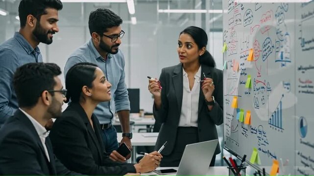 Business meeting with people discussing a whiteboard with diagrams - Powered by Adobe