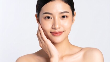 頬に右手を添える若い女性