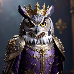 Splendid owl dressed as a noble king in leather armor with a golden crown in art nouveau style